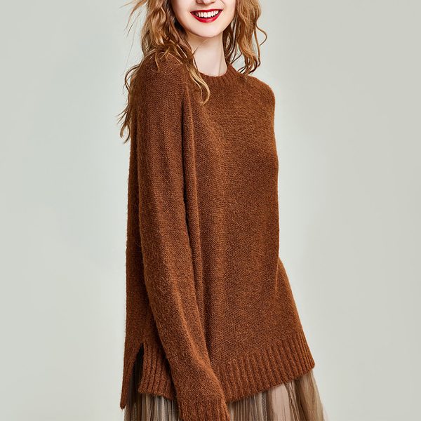 Autumn winter warm solid color crew neck soft women's knit pullover sweater