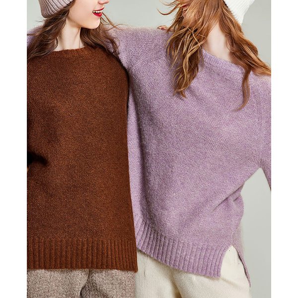 Autumn winter warm solid color crew neck soft women's knit pullover sweater