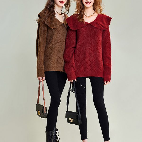 Autumn winter warm doll collar solid color soft women's knit pullover sweater