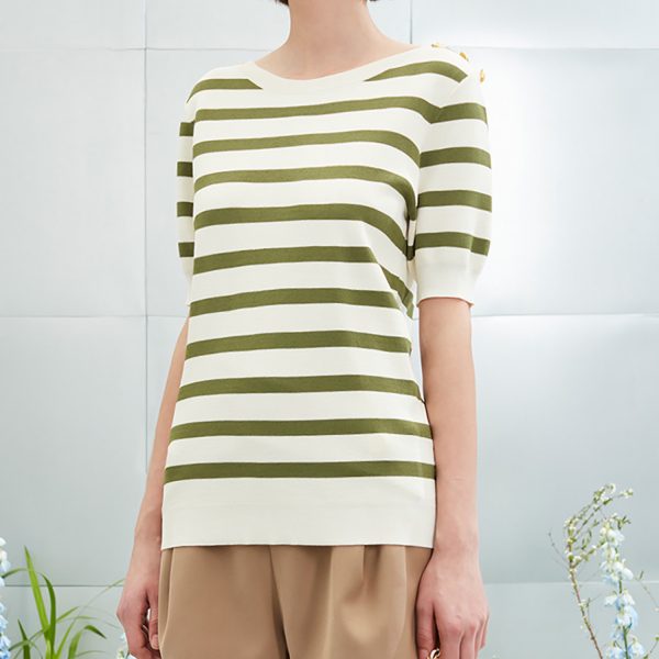 Spring half sleeve green & white stripe buttons women's knit pullover sweater top