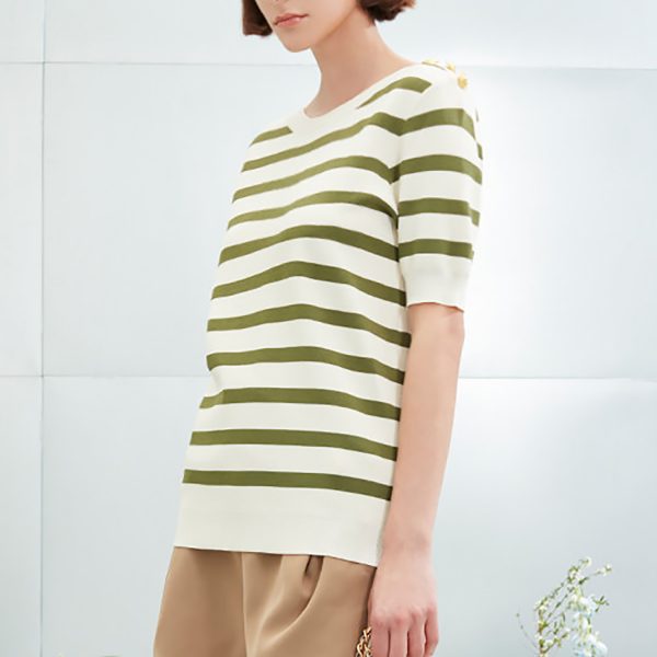 Spring half sleeve green & white stripe buttons women's knit pullover sweater top