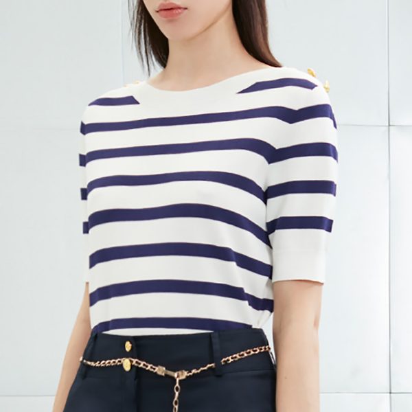 Spring half sleeve navy & white stripe buttons women's knit pullover sweater