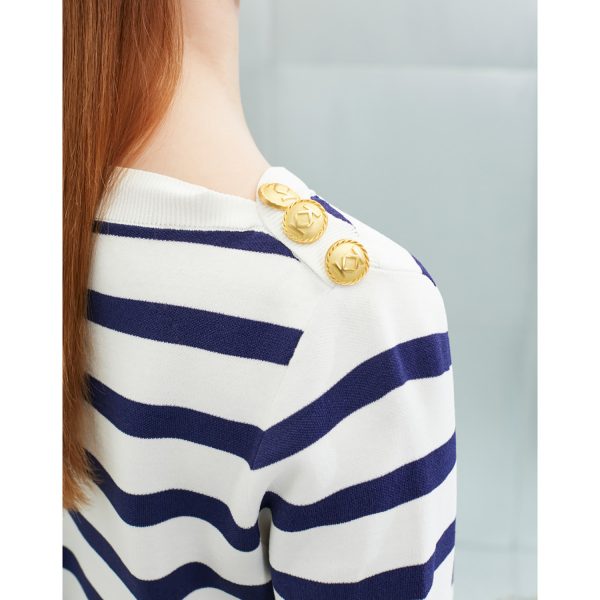 Spring half sleeve navy & white stripe buttons women's knit pullover sweater