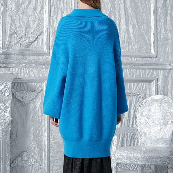 Wool blend oversize loose lapel lantern sleeve women's knit long sweater