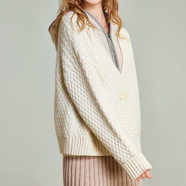 Autumn winter milk white flower button loose warm women's knit cardigan sweater