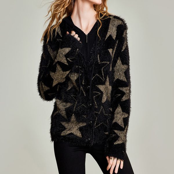 Autumn winter luxury pentacle black women's fluffy knit cardigan sweater