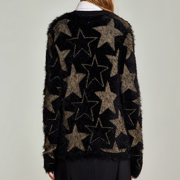 Autumn winter luxury pentacle black women's fluffy knit cardigan sweater