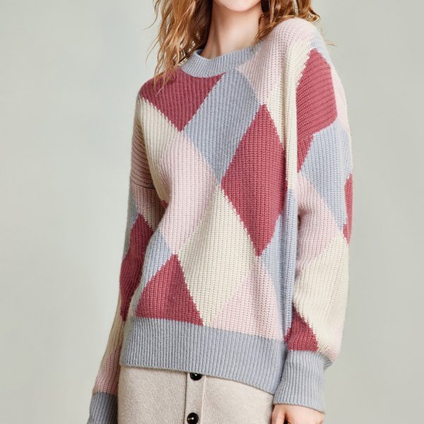 Autumn winter sweet contrast color plaid fit women's knit pullover sweater