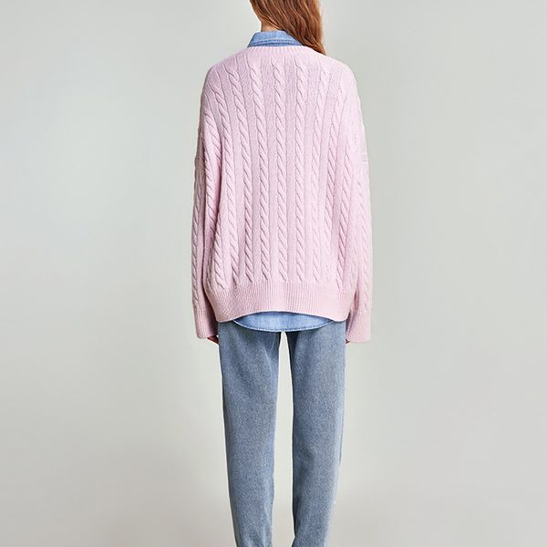 Autumn winter soft cashmere pink loose women's cable knit pullover sweater