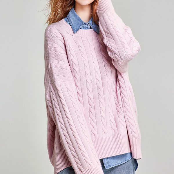 Autumn winter soft cashmere pink loose women's cable knit pullover sweater