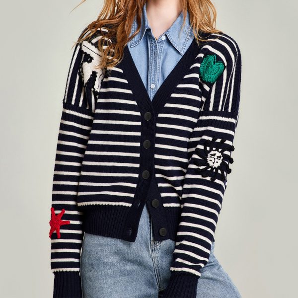 Cartoon pattern embroidered stripe women's knitted cardigan cute sweater jacket