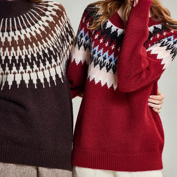 Bohemian aesthetic color contrast regular pattern knitted sweater for women's pullover