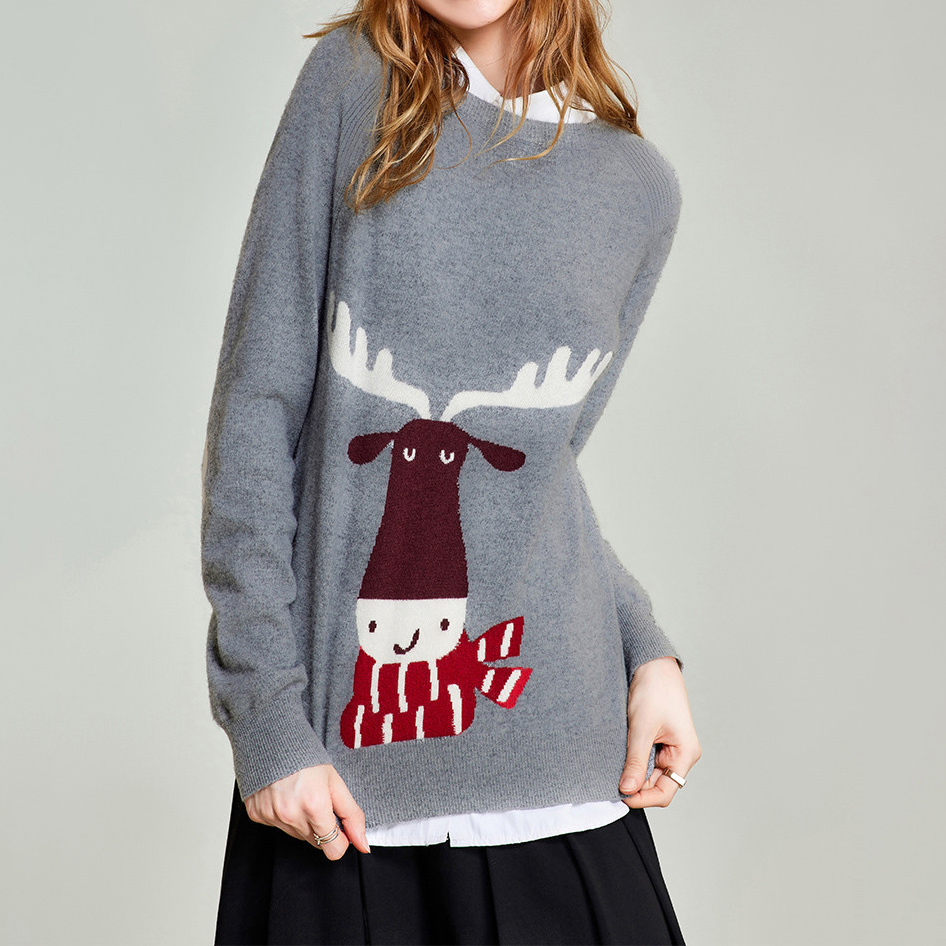 Cute Elk Pattern Round Neck Knitwear Women's Bottom Shirt Pullover Women's Tops