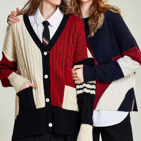 High quality custom European style color patchwork knitted cardigan women's sweater coat autumn and winter