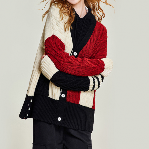 High quality custom European style color patchwork knitted cardigan women's sweater coat autumn and winter