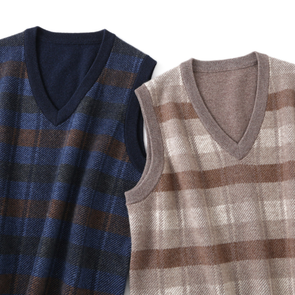 Fashion contrast color checked vest vest for men new V-neck 100% cashmere comfort cashmere sweater for men