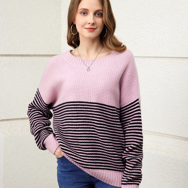 Leisure 100% cashmere Pink and black stripes long sleeve sweater for ladies