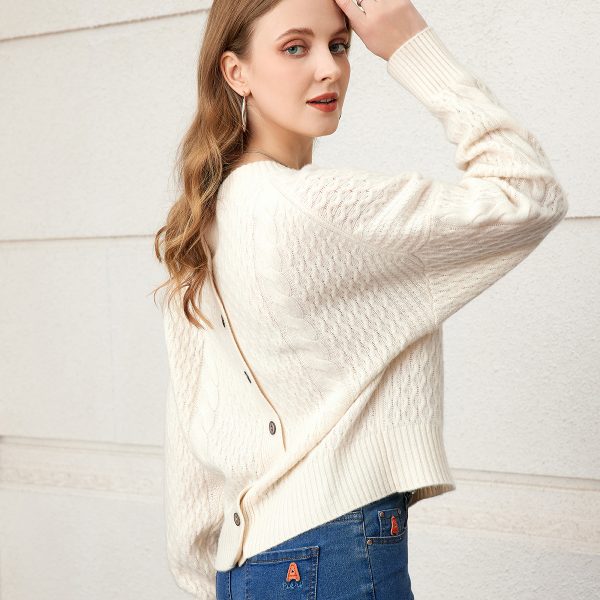 Casual 100% cashmere back button cream white ladies sweater